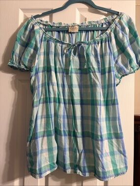 St. John's Bay Mint, Light Blue and White Plaid Off-Shoulder Tunic